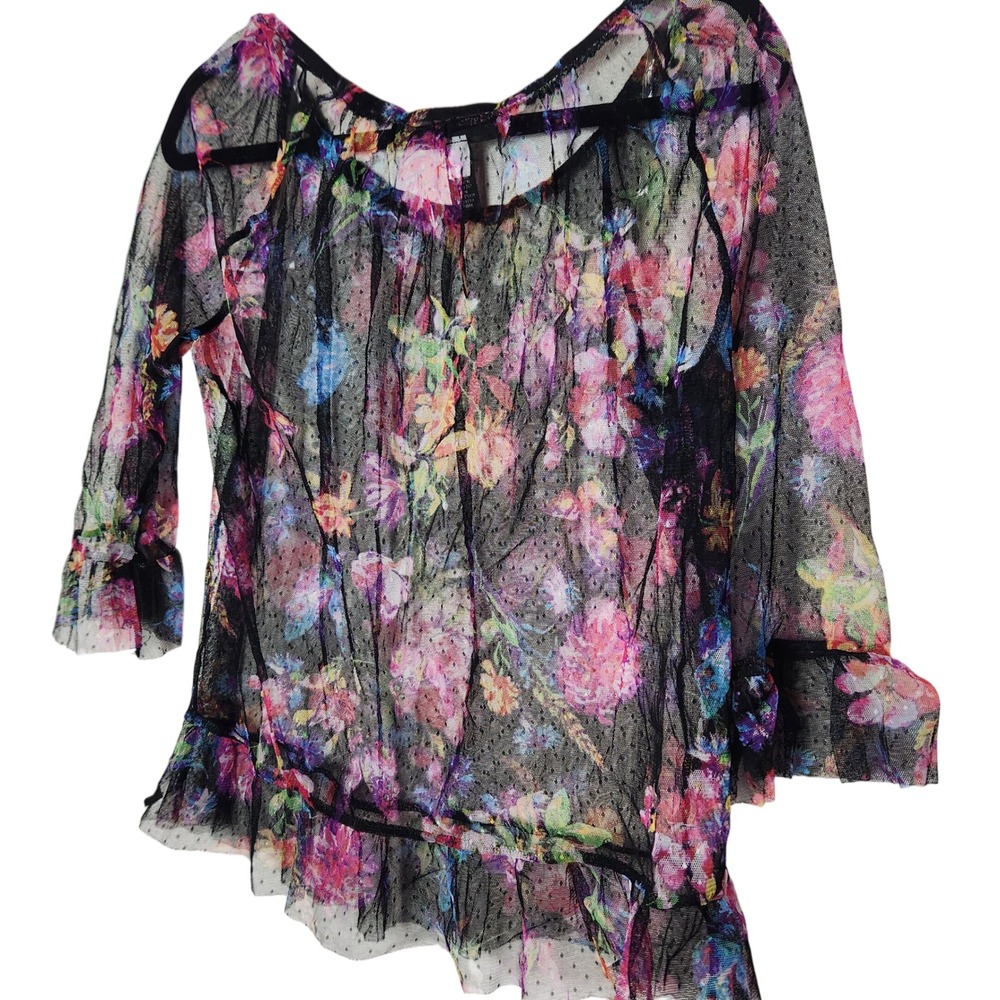 INC‎ Sheer Floral Mesh Blouse Bell Sleeve Ruffle Hem Petite Y2k Vibes